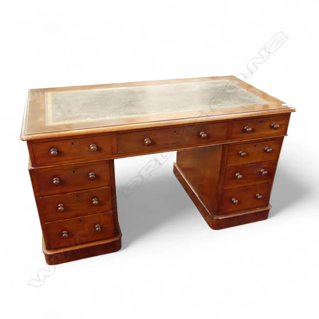 Victorian mahogany twin pedestal desk with inset green leather top (marked) 1380x705x760mm Image 1++