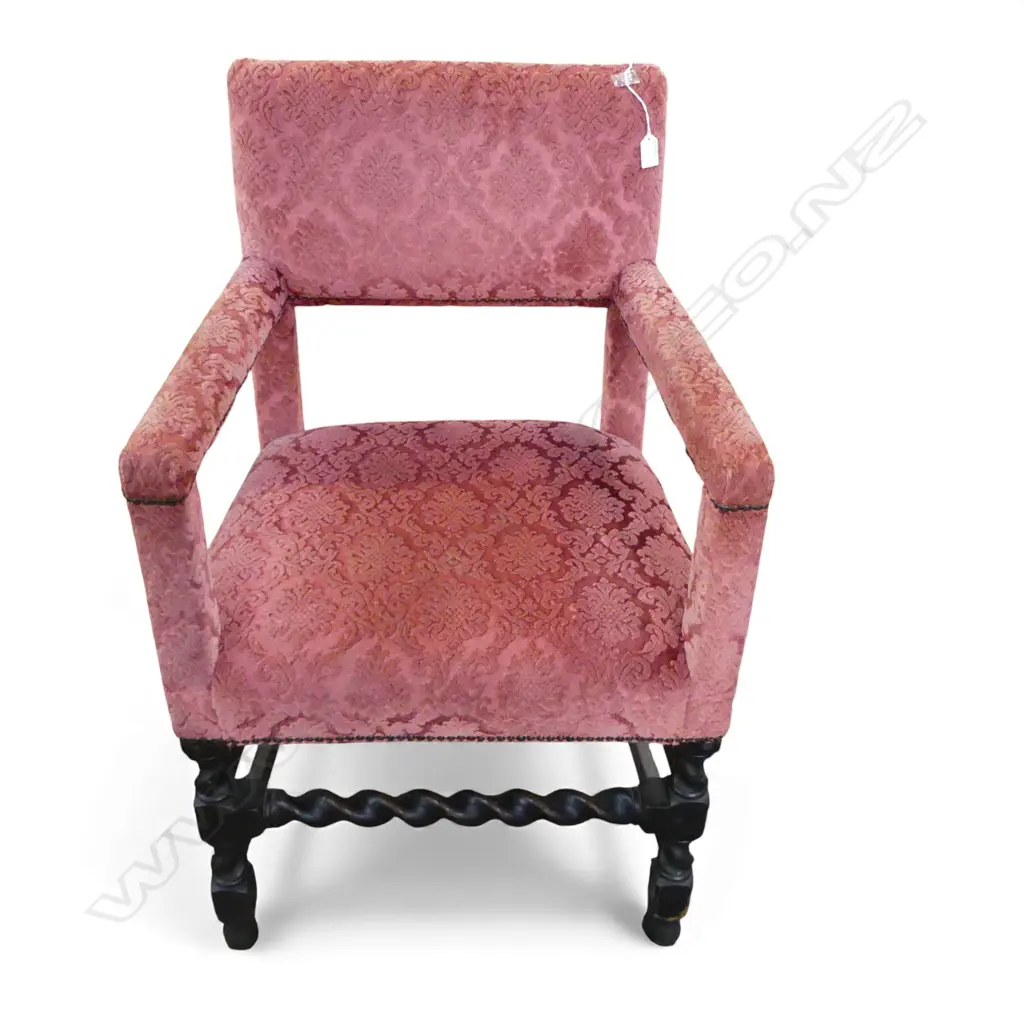 ANTIQUE OPEN ELBOW BROCADE UPHOLSTERED ARMCHAIR Image 1++