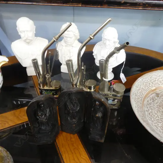 3 ORIENTAL METAL OPIUM PIPES H.260mm + RESIN CHINESE WISEMEN H.150mm