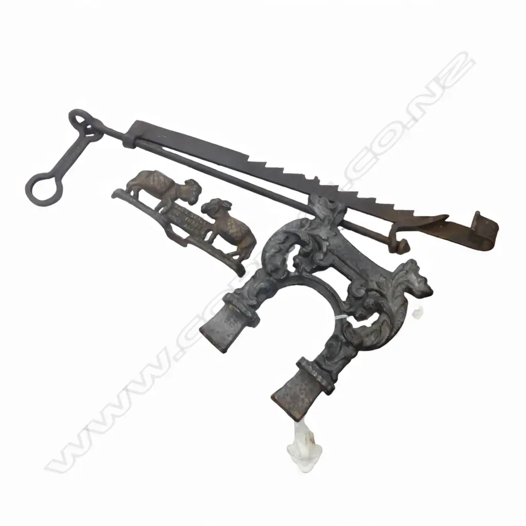 3 PCES OLD CAST IRON; BOOT SCRAPER H.290mm, SCALE BALANCE, DOUBLE DONKEY DOOR STOP W.245mm Image 1++
