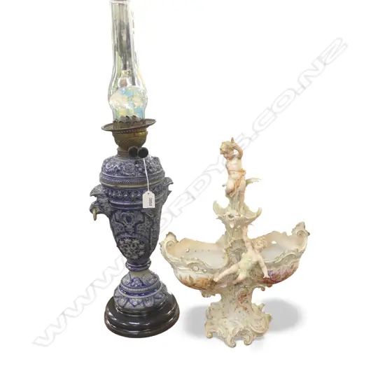 ANTIQUE SALT GLAZED KEROSENE LANTERN H.690mm + ORNATE PORCELAIN COMPORT w. PUTTI H.440mm both w. faults