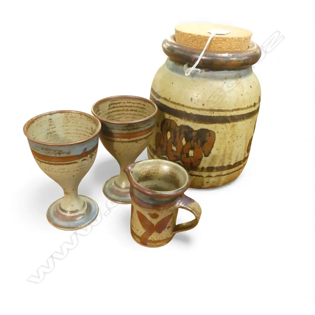 c1970's ARNAUD BARRAUD N.Z. STUDIO POTTERY JAR w. cork lid H.230mm, SMALL JUG & 2 GOBLETS Image 1++