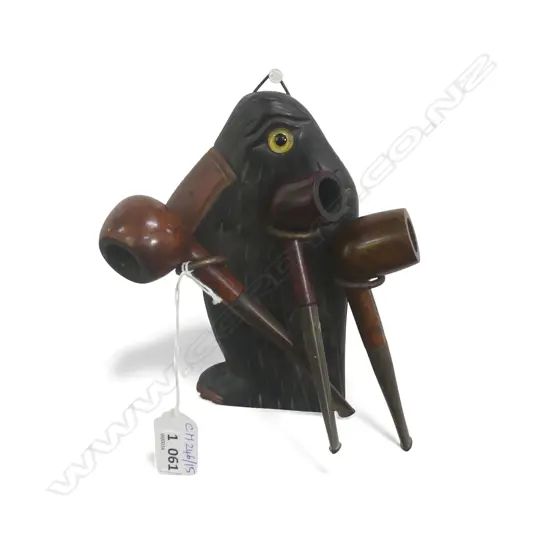 CARVED WOODEN BLACK BIRD PIPE HOLDER H.170mm + 3 PIPES