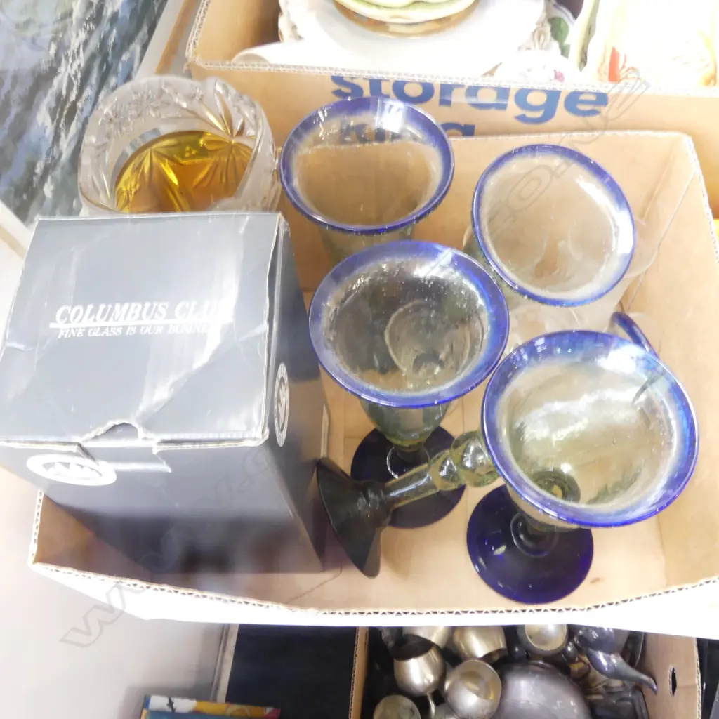 5 BLUE GLASS GOBLETS, 6 CUSTARD CUPS + BOXED COLUMBUS CLUB RIBBON FLOWER VASE H.215mm Image 1++