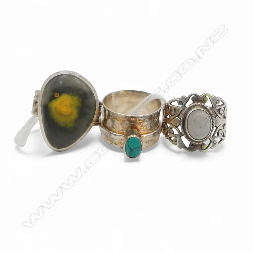 3 VINTAGE SILVER DESIGNER RINGS: Moonstone +turquoise + agate ? Image 1++
