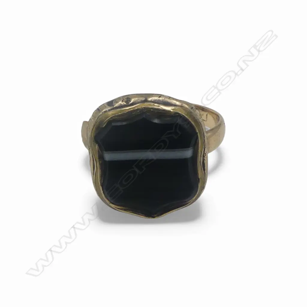 GOLD & BANDED AGATE SIGNET RING 14ct gold band + gold plated top SIZE M Image 1++