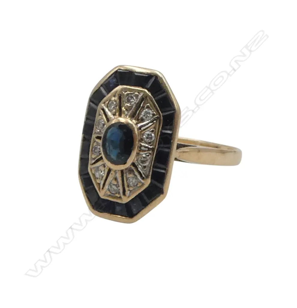 9ct Y/G ART DECO STYLE SAPPHIRE & DIAMOND CLUSTER RING elongated octagonal form 3gms SIZE L1/2 Image 1++