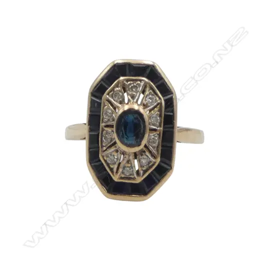 9ct Y/G ART DECO STYLE SAPPHIRE & DIAMOND CLUSTER RING elongated octagonal form 3gms SIZE L1/2
