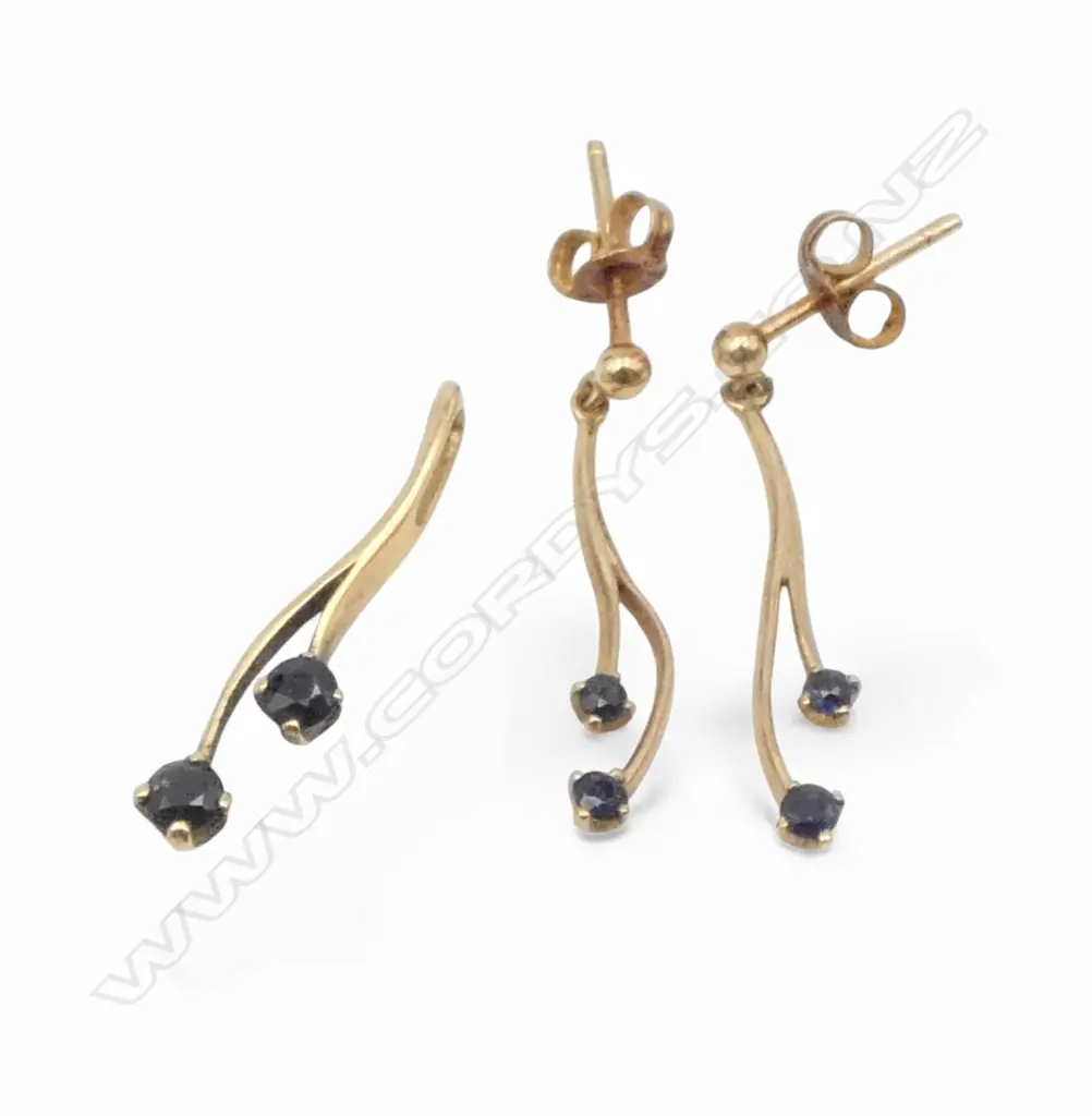 9ct GOLD & SAPPHIRE EARRING & PENDANT SET, 1.6gm Image 1++