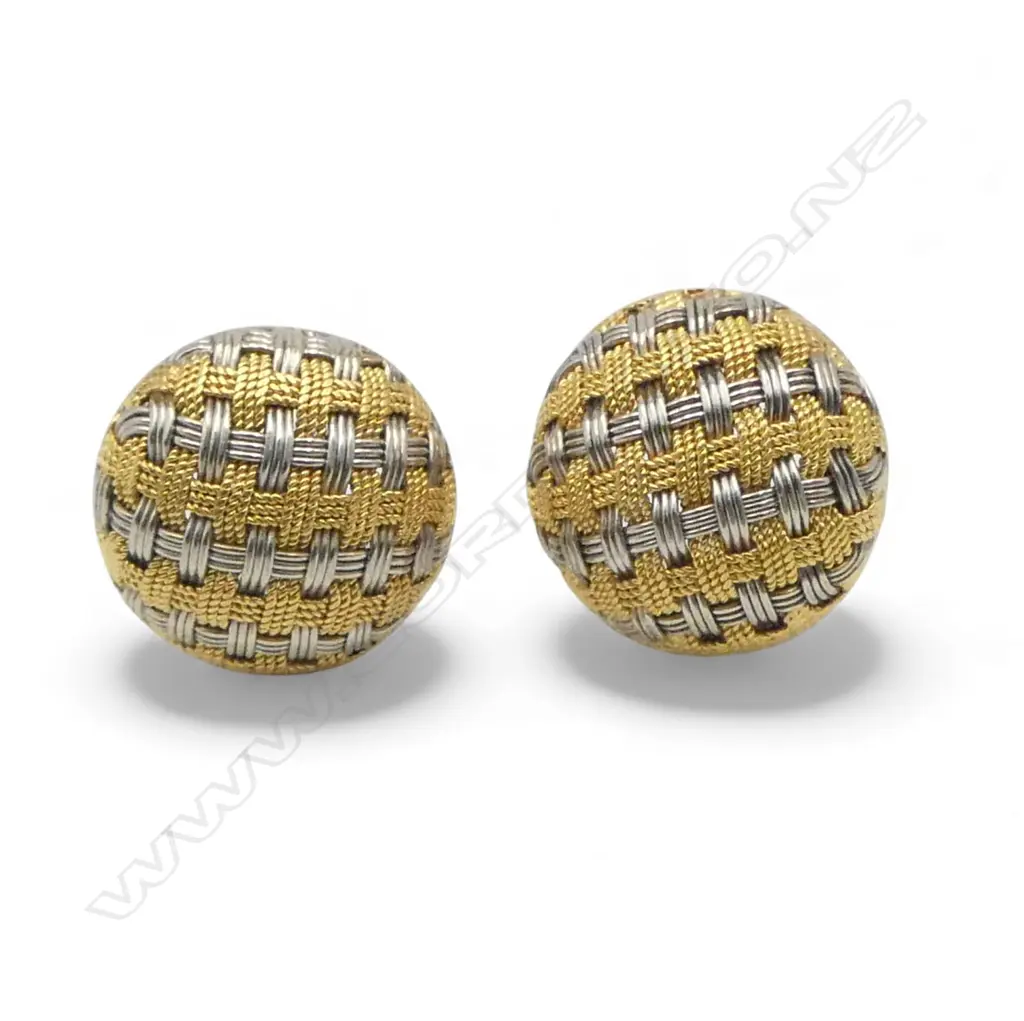 PR 18ct GOLD woven style LGE DISC EARRINGS YELLOW & WHITE GOLD 6.85gms Image 1++