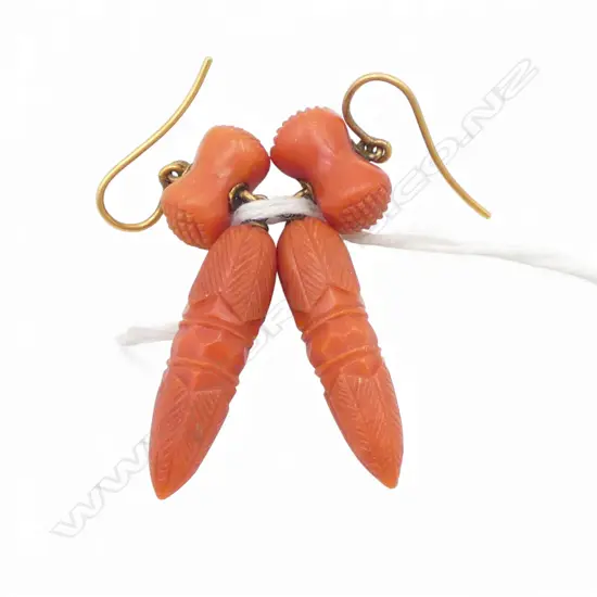 PR ANTIQUE CARVED MEDITERRANEAN CORAL DROP EARRING with 18ct GOLD HOOKS