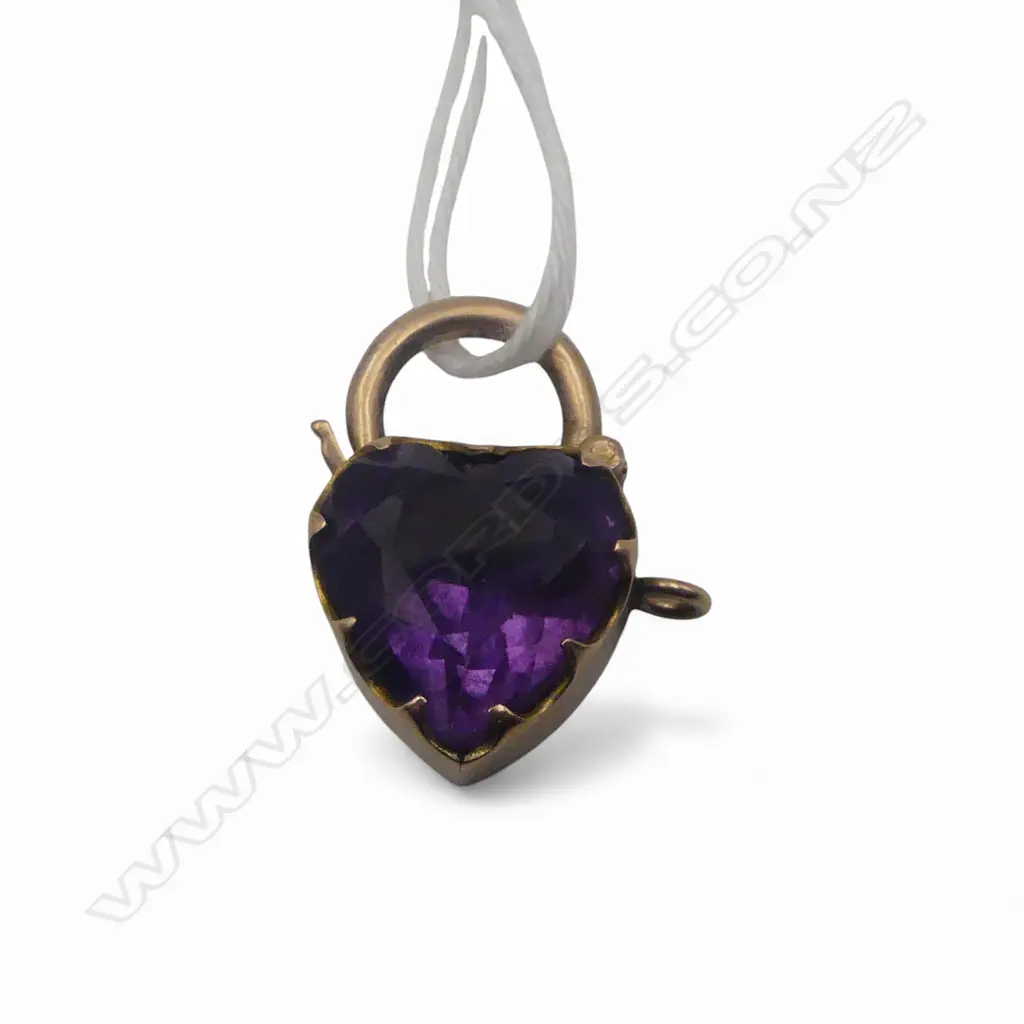 9ct ROSE GOLD FRAMED AMETHYST HEART PADLOCK FOR BRACELET 3.7gms Image 1++