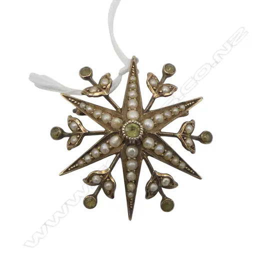 9CT PERIDOT & SEED PEARL STAR PENDANT / BROOCH 35mm dia 4.6gms