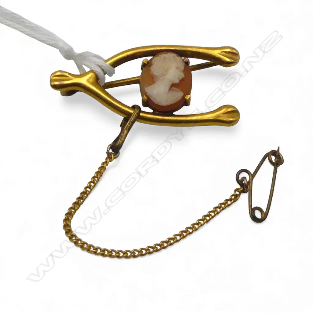 VINTAGE 9ct GOLD WISHBONE & CAMEO BROOCH 2.75gms Image 1++