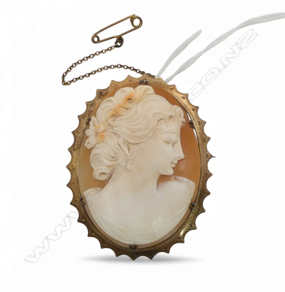 LARGE 9ct GOLD FRAMED CAMEO PENDANT / BROOCH elegant woman in profile H.55mm 17.5gms Image 1++