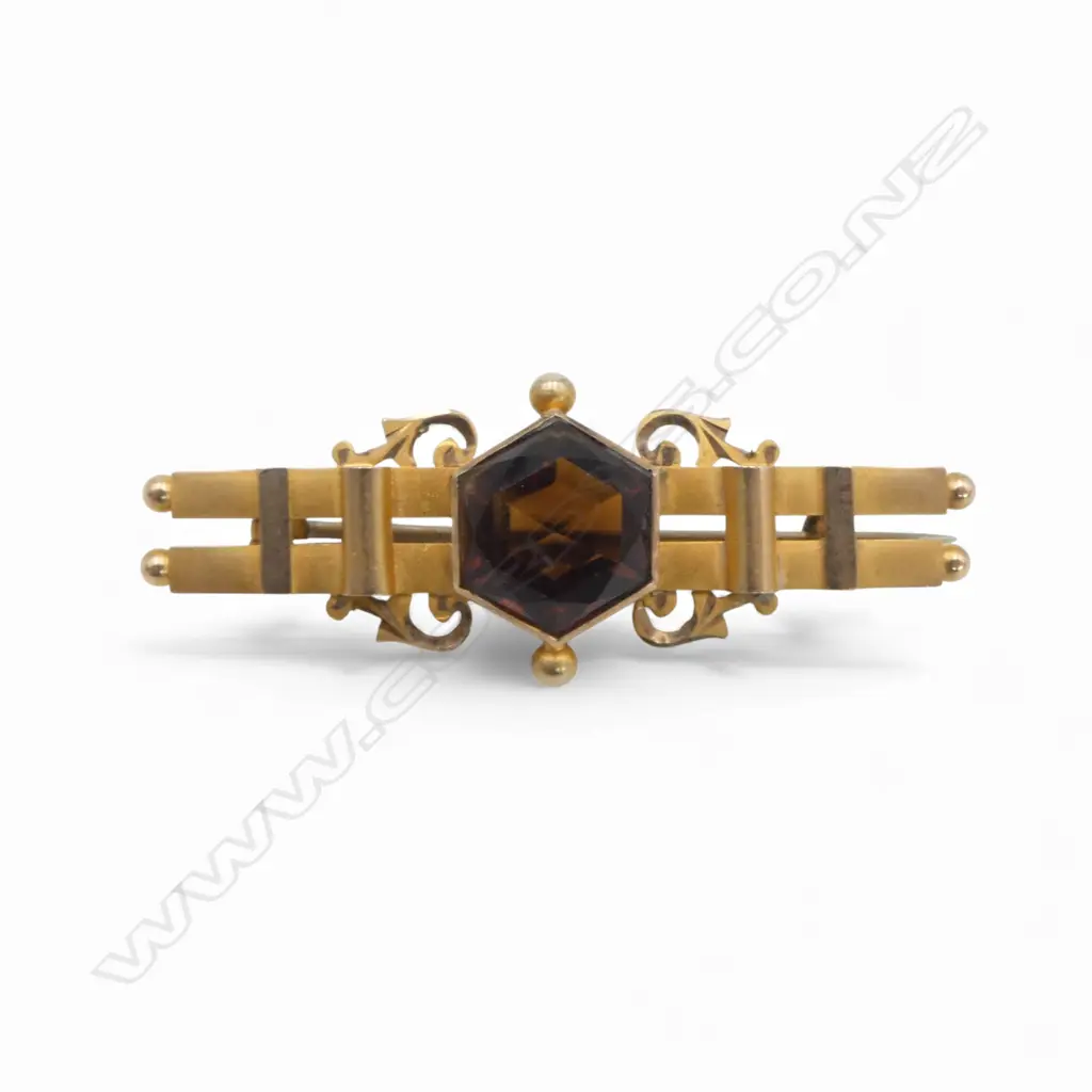 ANTIQUE 9CT BROOCH W. HEXAGONAL GEM, CHESTER 1913 W.45mm 3.9gms Image 1++