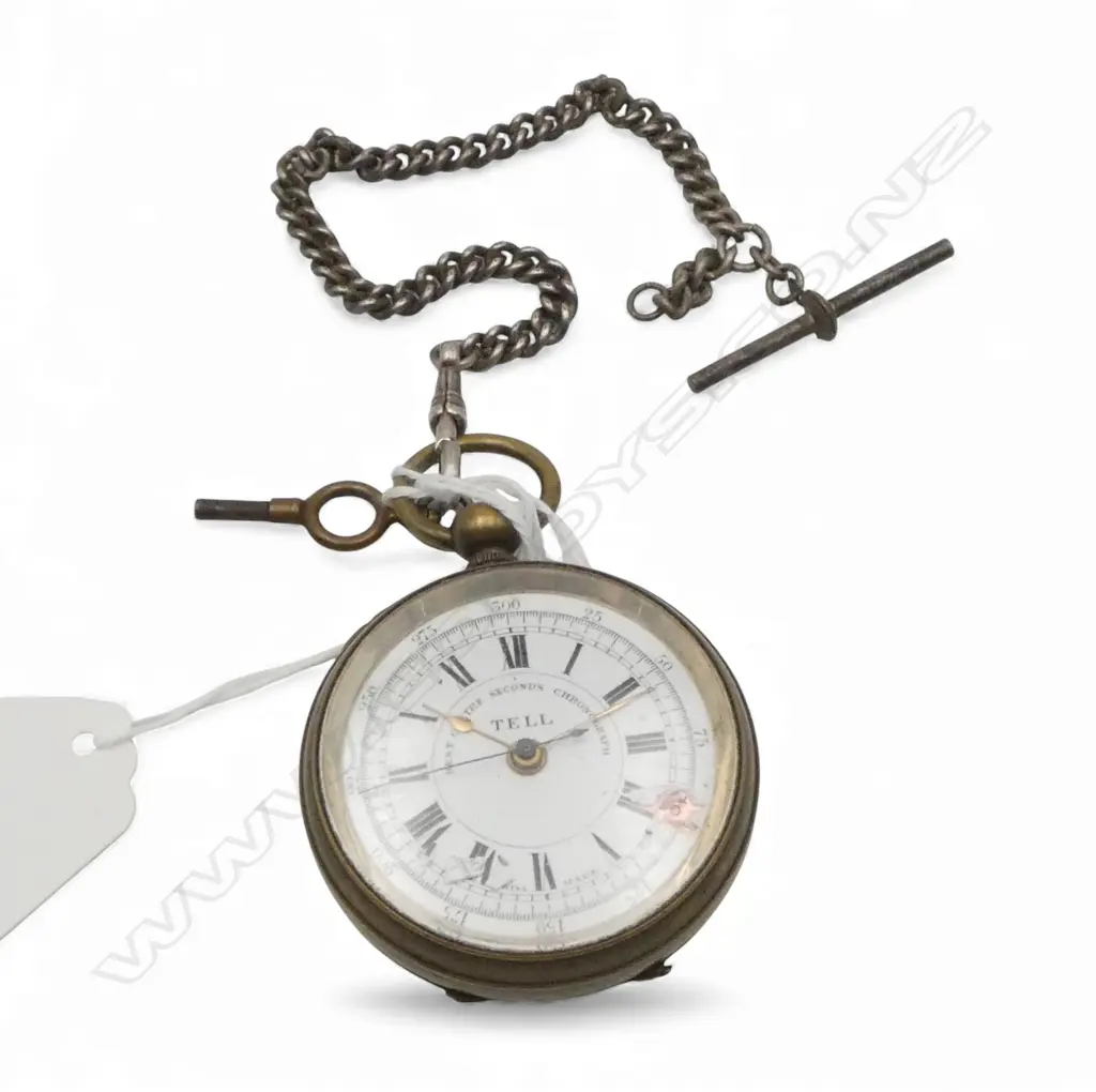 Late 19thC 'TELL' CHRONOGRAPH POCKET WATCH dial faulted not running. With chain Image 1++