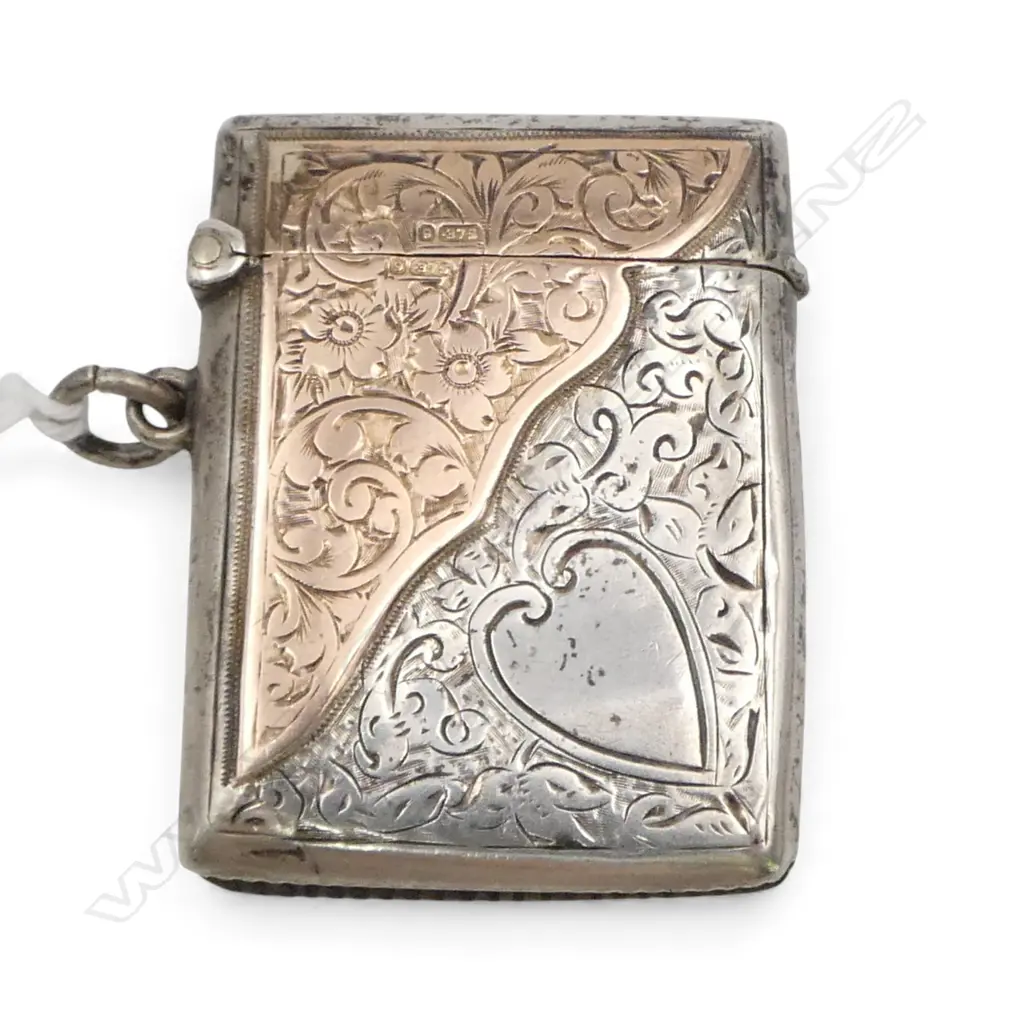 Chester 1908 SILVER & 9ct GOLD engraved VESTA with suspension loop Image 1++