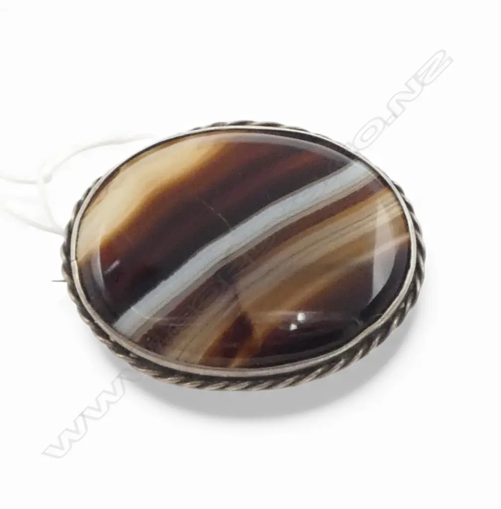 Vintage silver set browns & pale clear agate set brooch L.50mm Image 1++
