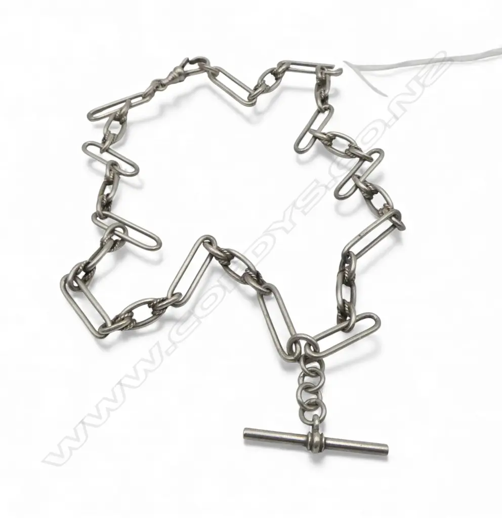 SILVER ALBERT CHAIN w T BAR, 30.70gm Image 1++
