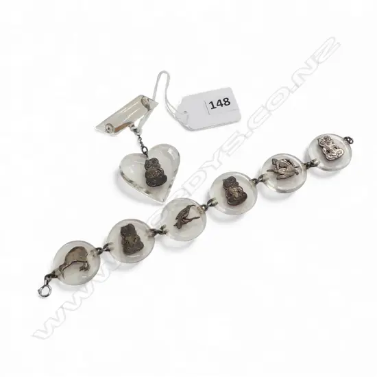 LUCITE & SILVER? N.Z. FAUNA & MAORI MOTIF NECKLACE & BROOCH SET