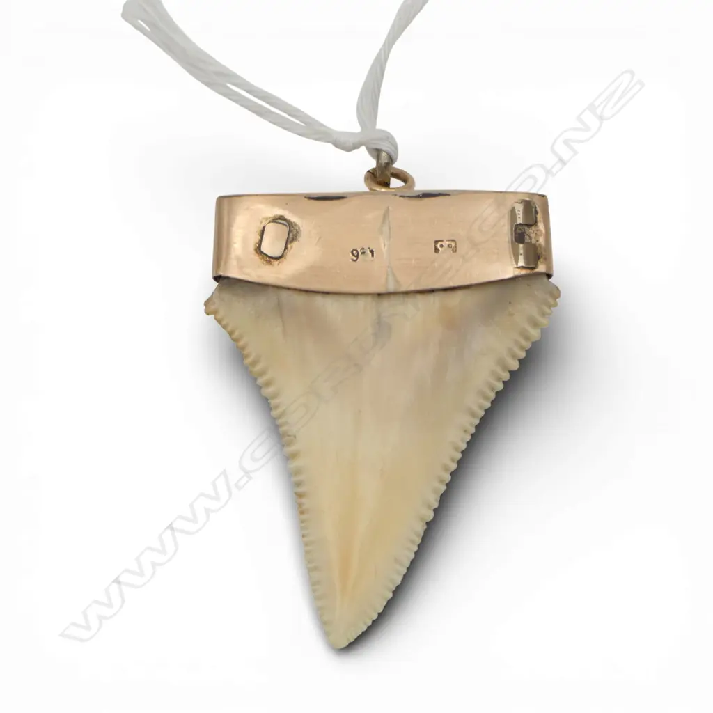 9ct GOLD & SHARK'S TOOTH PENDANT with applied 9ct gold tiki 5.28gms Image 1++