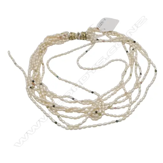 8 STRAND SEED PEARL NECKLACE w ORNATE 14ct GOLD CLASP, L.430mm, valuation, loose strand needs repair