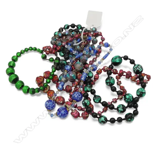 5 VENETIAN VINTAGE COLOURED GLASS BEAD NECKLACES with foil & speckled highlights etc