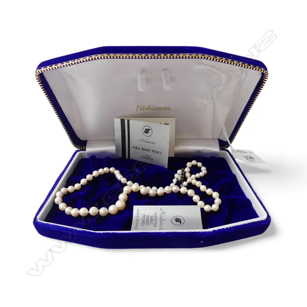 STRAND NISHIMOTO GRADUATED SIMULATED PEARLS w SILVER CLASP, L.420mm Image 1++