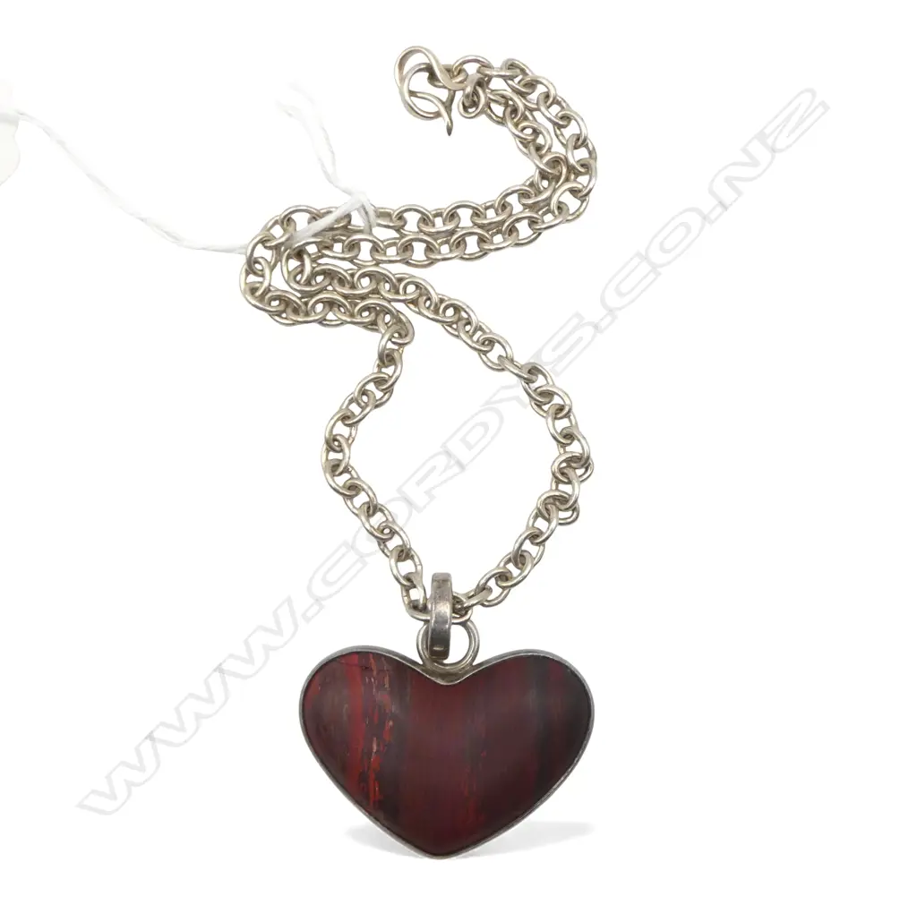 SILVER SET AGATE HEART PENDANT ON CHAIN L.440mm Image 1++
