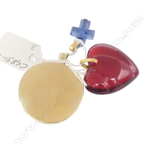 2 LALIQUE CRYSTAL PENDANTS & DYRBERG & KERN DISC PENDANT; red Lalique faulted