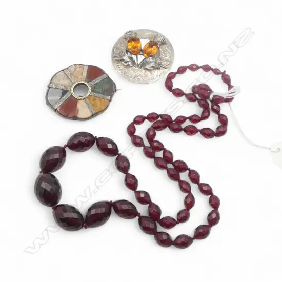 2 SCOTTISH BROOCHES;  (AGATE  1x faulted) 50mm dia, RED PLASTIC BEAD NECKLACE
