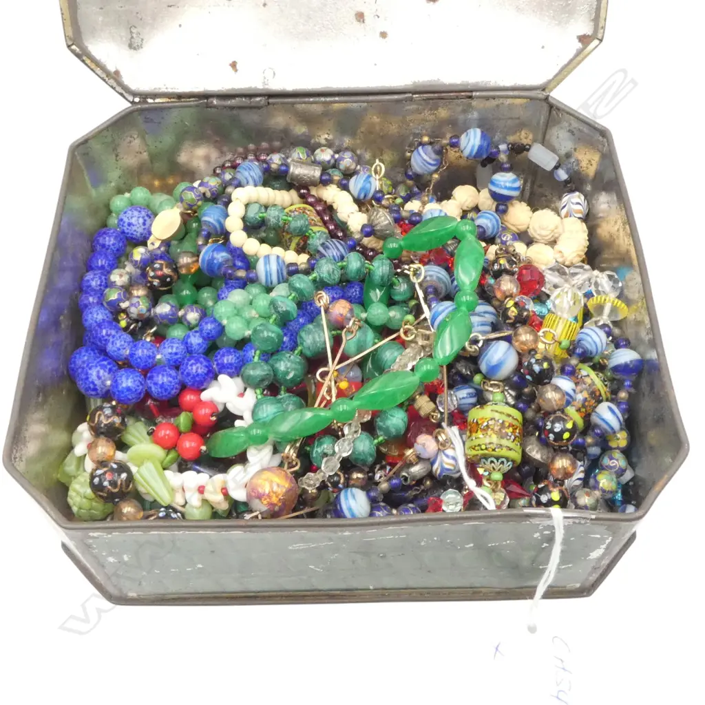 VINTAGE CUPIDS TIN WITH LARGE COLLECTION OF GLASS & OTHER BEAD NECKLACES Image 1++