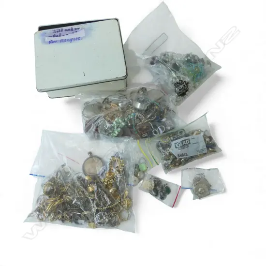 OLD TIN of COSTUME JEWELLERY, KAURI GUM & QUARTZ PCS