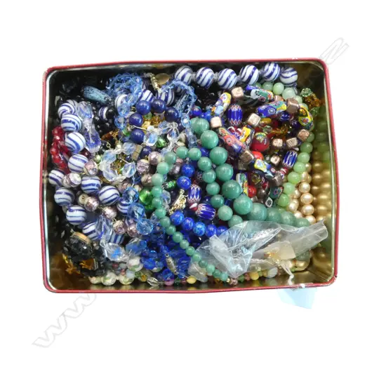VINTAGE TIN WITH LARGE COLLECTION OF GLASS & OTHER BEAD NECKLACES: millefiori etc
