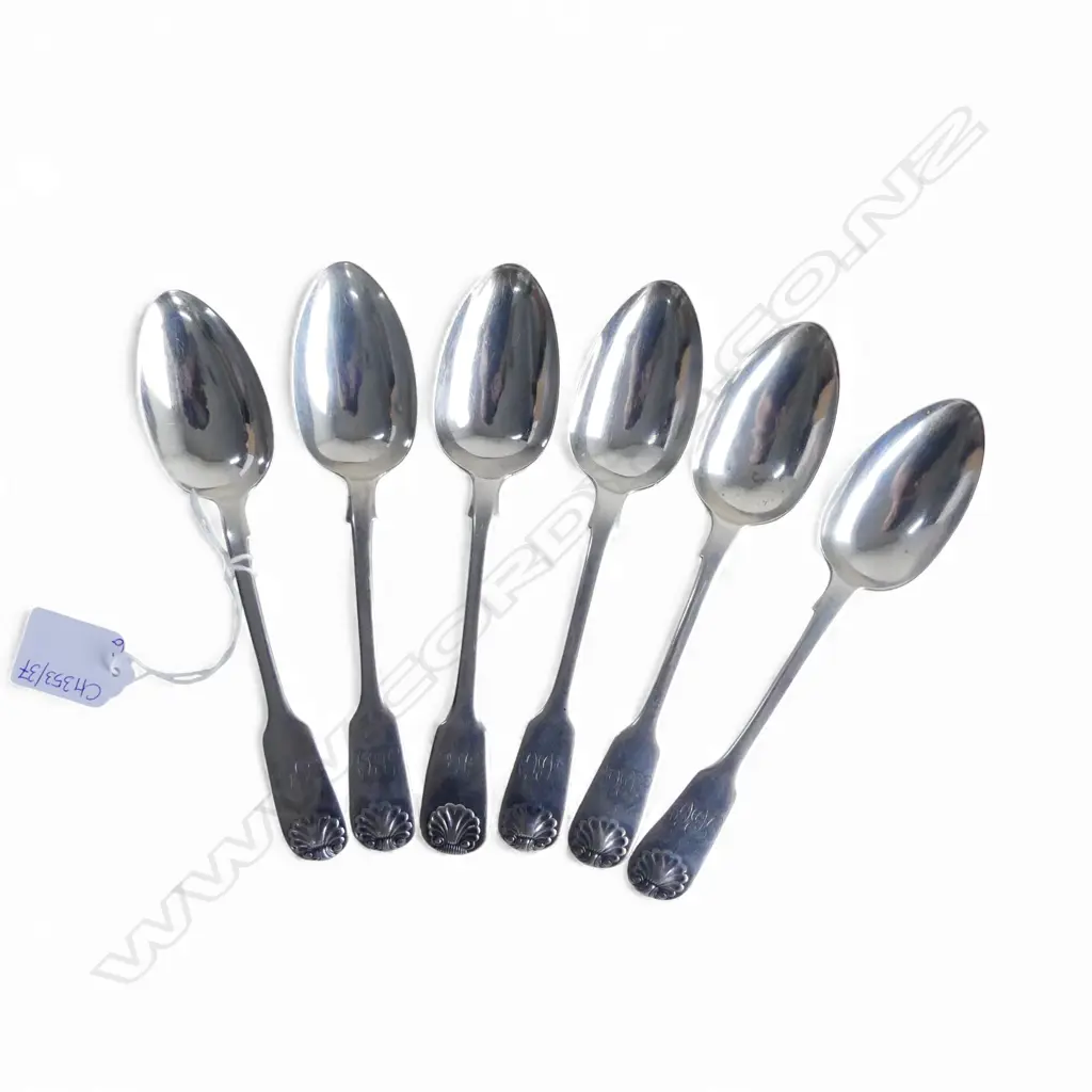 6 STG SILVER DESSERT SPOONS, SHELL PATTERN, CHESTER 1847 235gms Image 1++