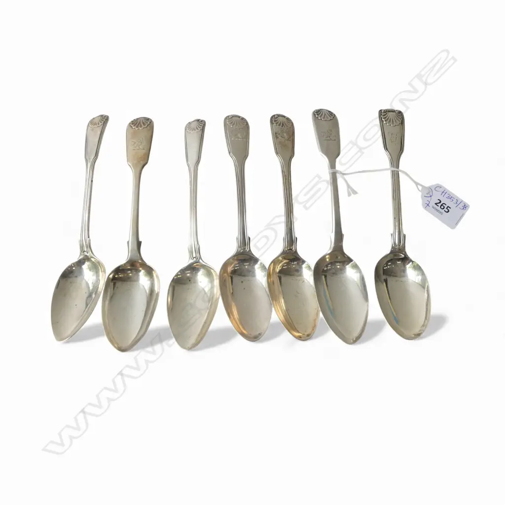 7 ASST. STG SILVER DESSERT SPOONS, SHELL PATTERN, 380gms Image 1++