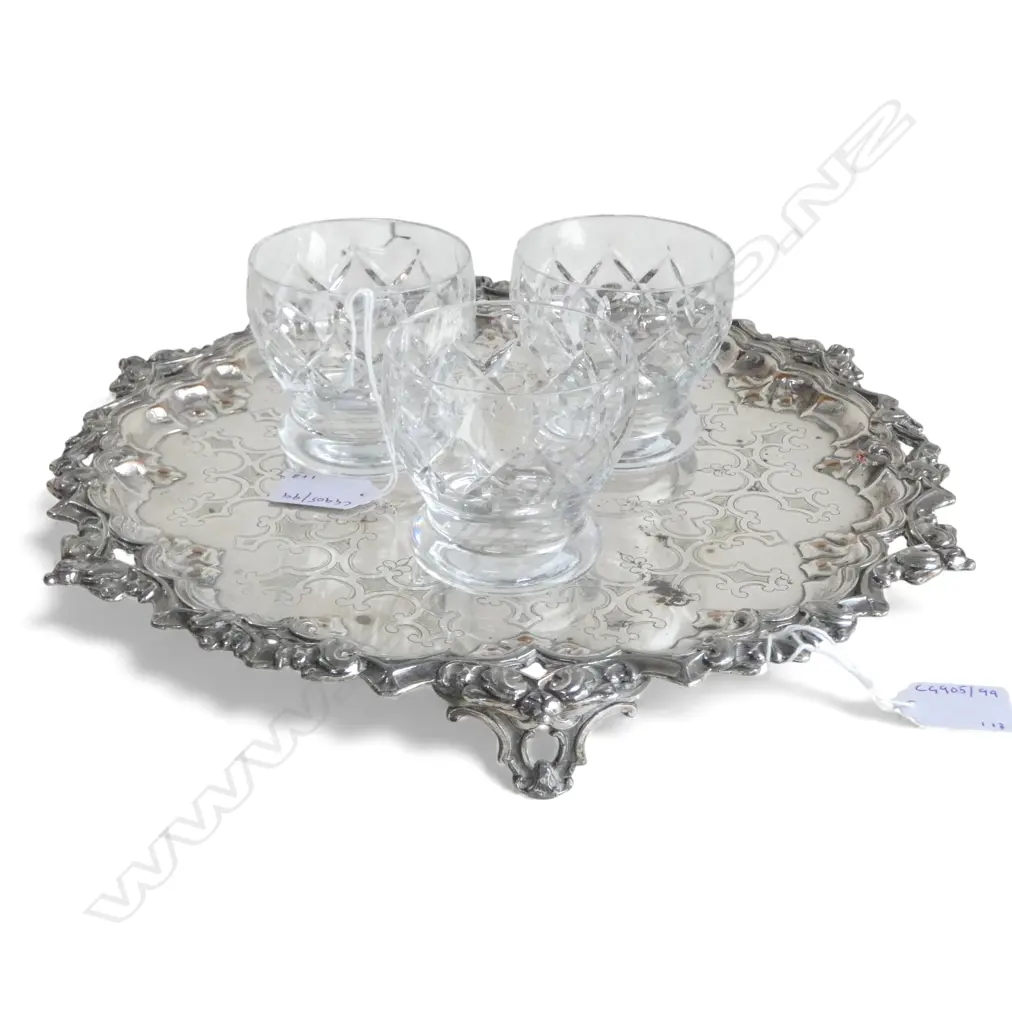 SHEFFIELD PLATE DRINKS TRAY DIA 310MM + 3 WEBB CORBET CRYSTAL WHISKEY GLASSES Image 1++