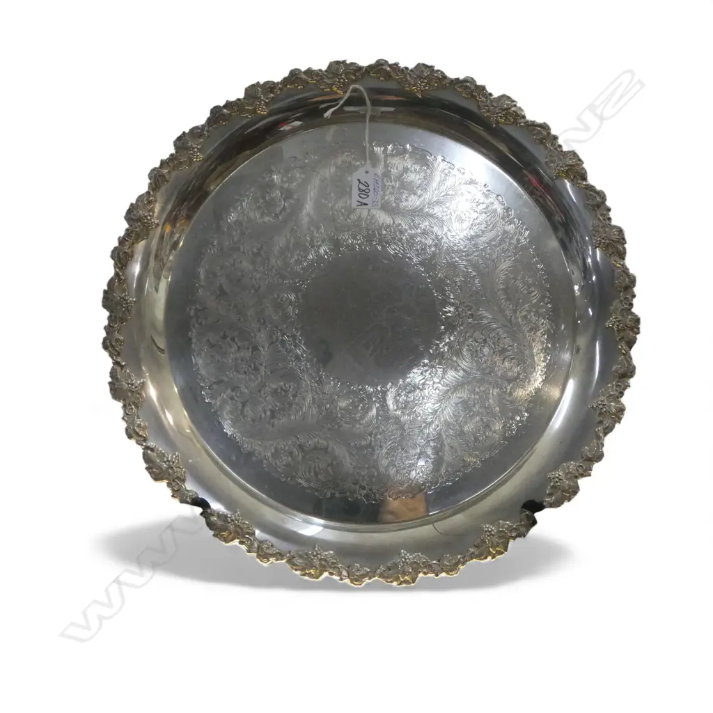 SILVER PLATE BANQUET TRAY applied grape leaf & bunch border. Dia.425mm Image 1++