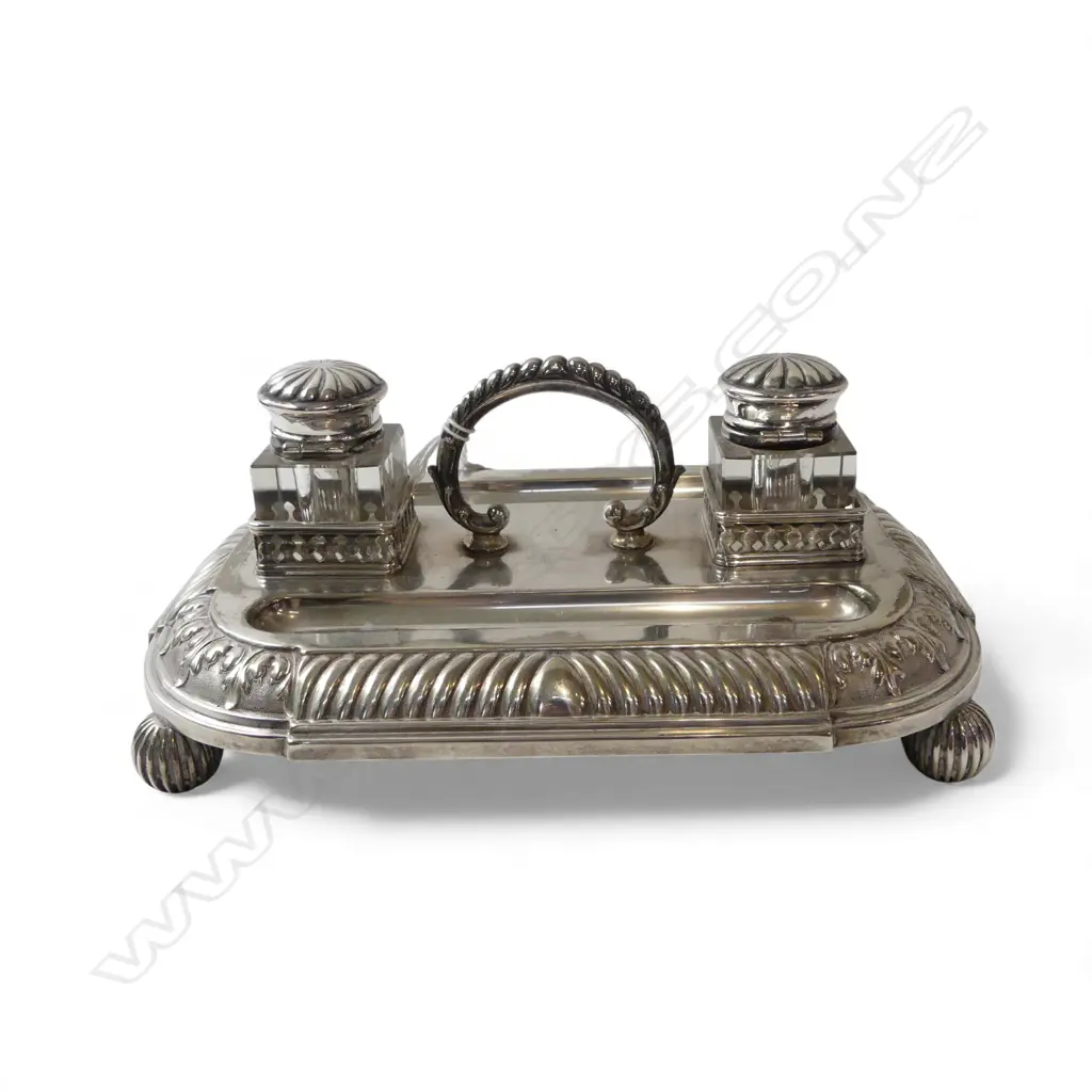 WMF ANTIQUE SILVER PLATED DESKSTAND TWO INKWELLS AND PEN RESTS, L.230MM W.165MM Image 1++
