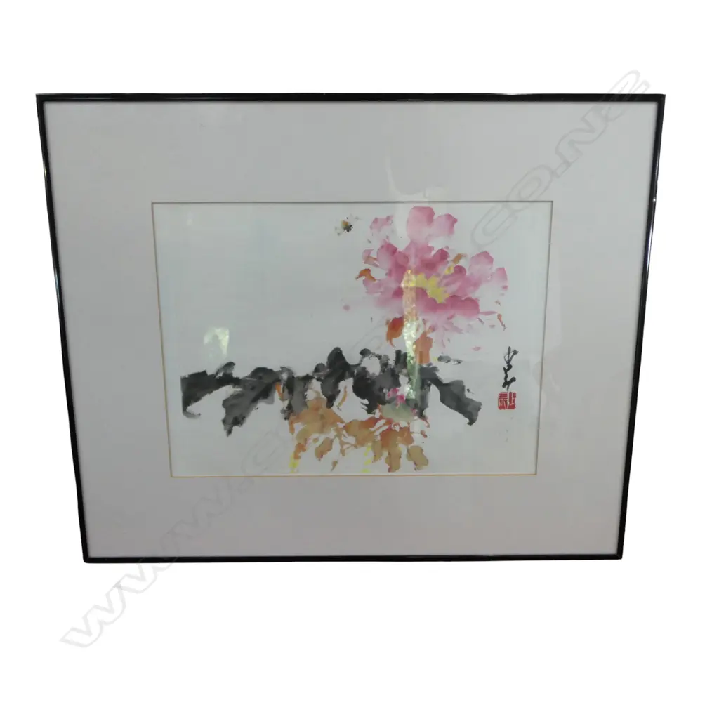 CHINESE WATERCOLOUR FLOWER & BEE STUDY calligraphic signature 300 x 370mm framed under glass Image 1++