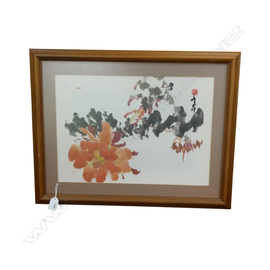 CHINESE WATERCOLOUR FLOWER STUDY calligraphic signature 300 x 370mm framed under glass Image 1++