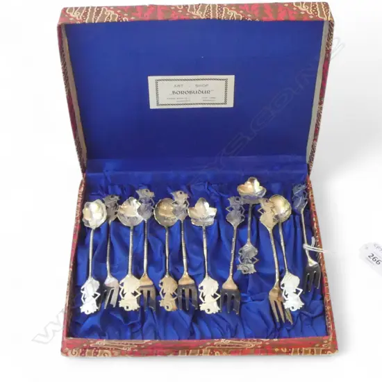 BOXED SET INDONESIAN SPOONS & FORKS, stamped 800 but not testing as silver