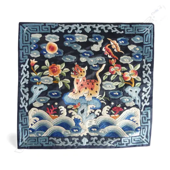 EMBROIDERED CHINESE RANK BADGE tiger perched on blue ground 275x295mm