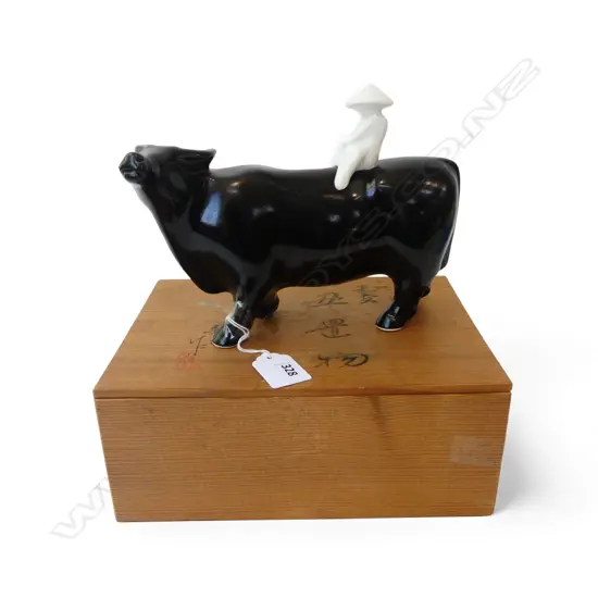 VINTAGE JAPANESE CERAMIC BOY on BUFFALO, w STAND in ORIGINAL BOX, L200 x 140mm