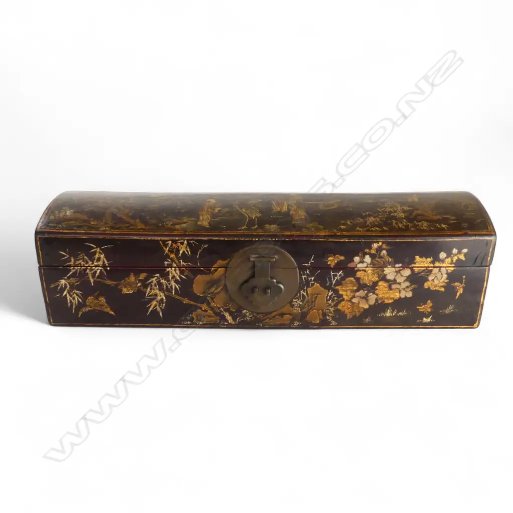 CHINESE LEATHER BOUND GILT CHINOISERIE DOMED BOX L630MM Image 1++