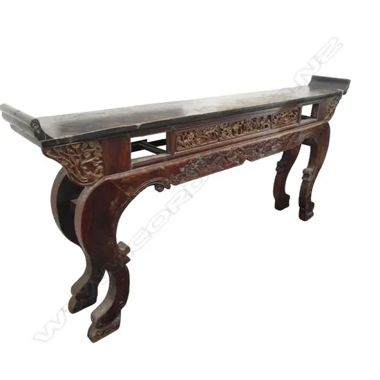 CHINESE DISTRESSED ORNATELY CARVED ALTAR TABLE two drawer, one missing 2100x520x1200mm