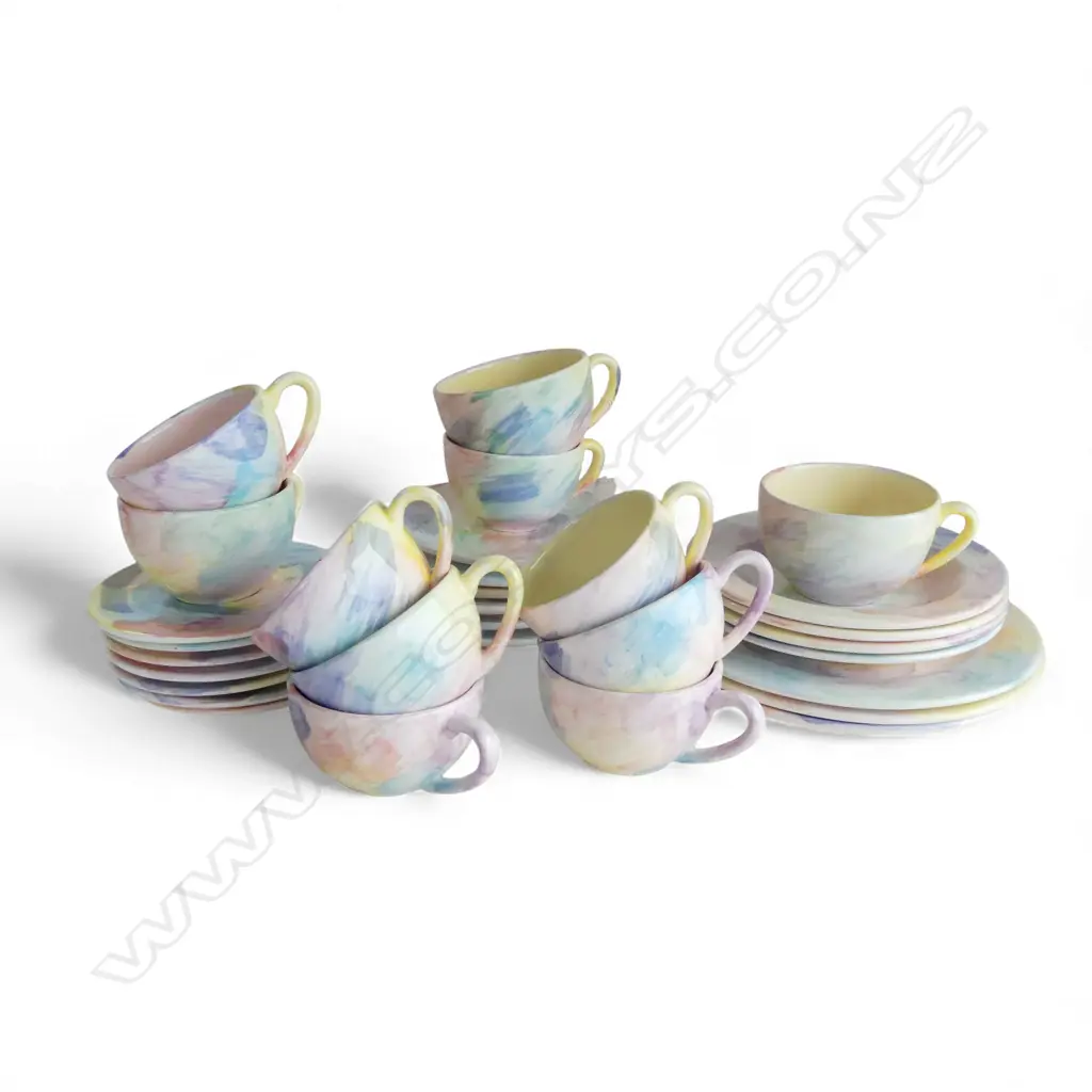 LARGE COLLECTION OF CHRISTINE HARRIS HAND PAINTED POTTERY CUPS (13), SAUCES (6), ASST. PLATES (8) & BOWLS (4) Image 1++
