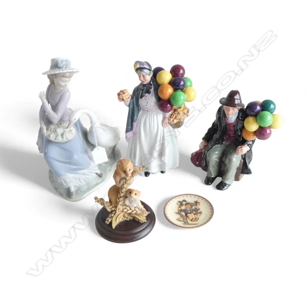 5 PCES CHINA; 2 ROYAL DOULTON BALLOON SELLERS, LLADRO WOMAN (NECK AF), HUMMEL DISH, RESIN MICE Image 1++