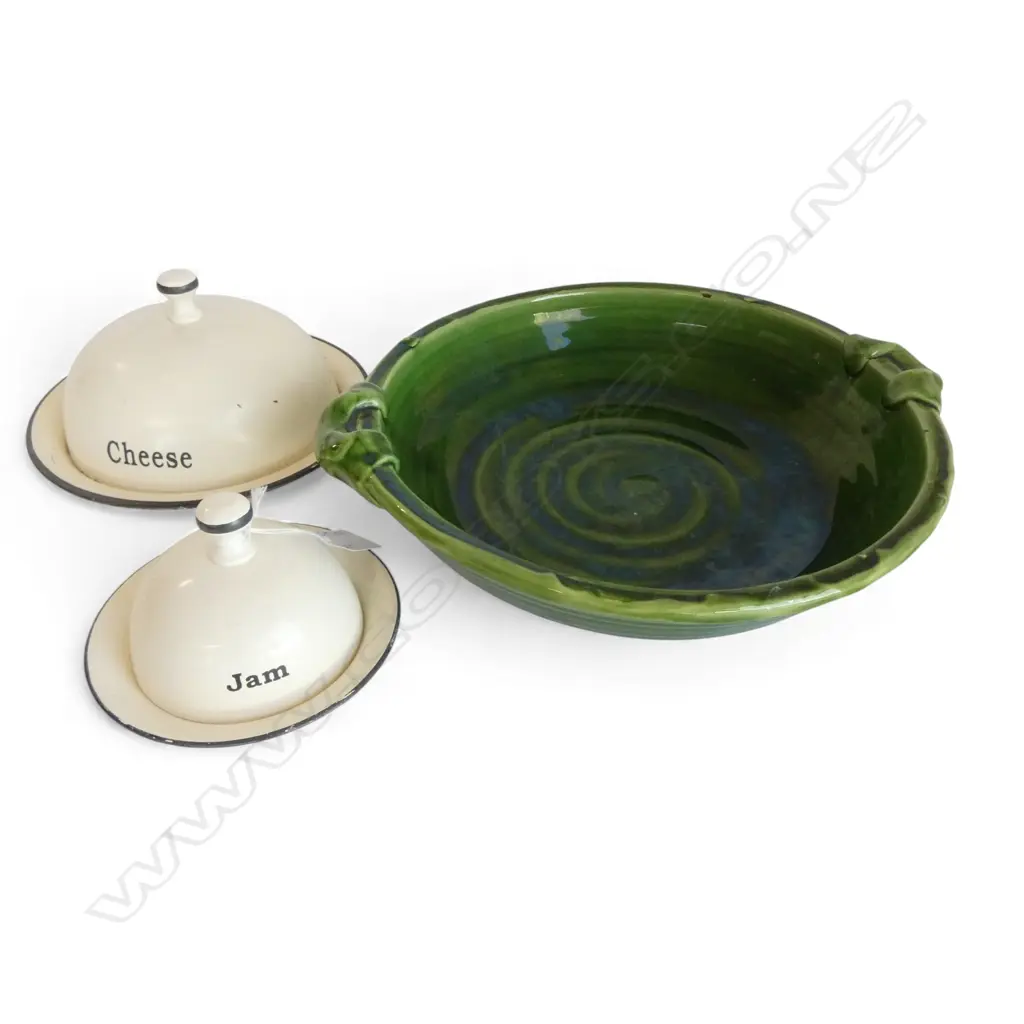 TONY SLY GREEN GLAZED BOWL 290mm dia + 2 ENAMEL FOOD DOMES Image 1++